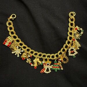 Christmas Charm Bracelet 15 Charms Rhinestones Gold Tone Tree Angel Bell wreath